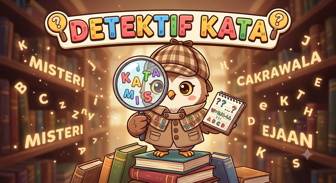 Maskot burung hantu detektif sedang mencari kata dengan kaca pembesar
